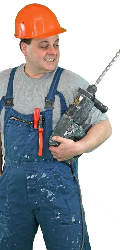 Construction worker smiles holding power tool in blue overalls.