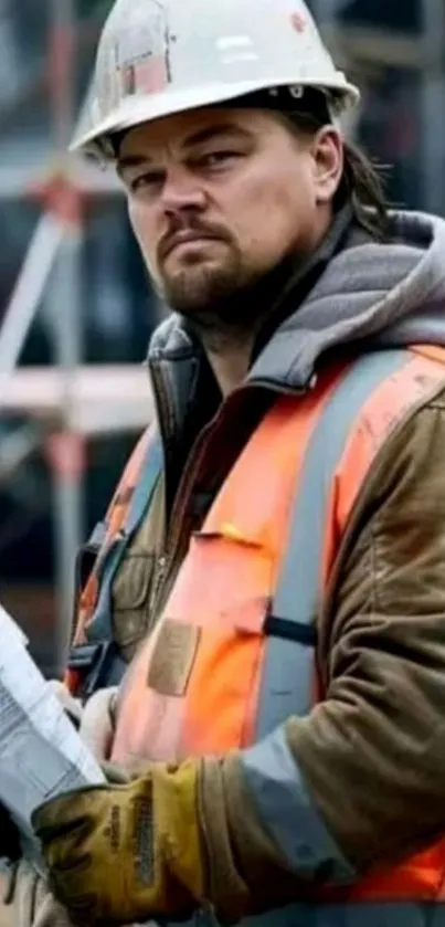 Construction worker with blueprint and safety gear on site.