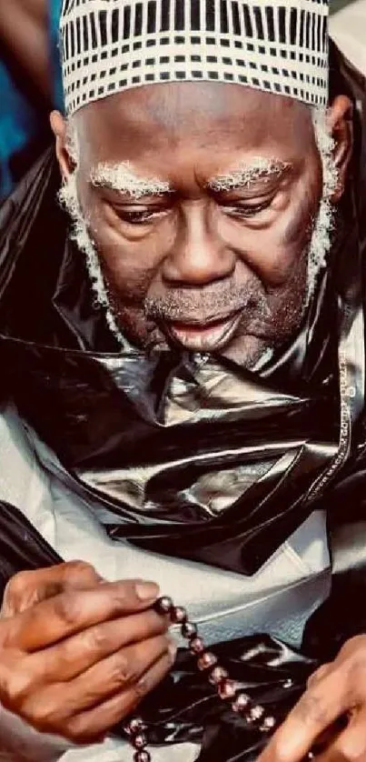 Elder in traditional attire, holding prayer beads.