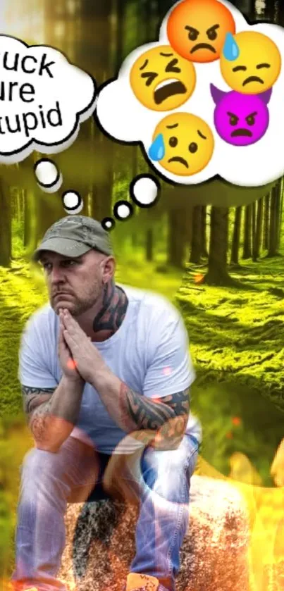 Man contemplating in a vibrant forest with emotion icons.