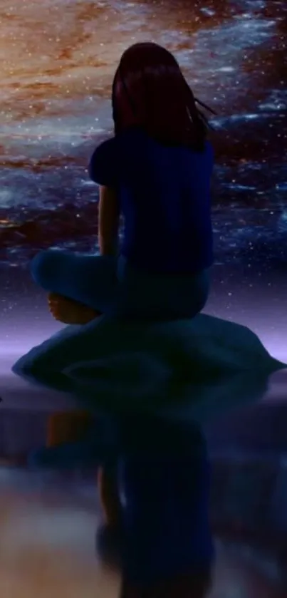 Person sitting gazing at a galaxy in a tranquil cosmic scene.