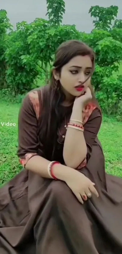 Contemplative girl sitting in a lush, green field.