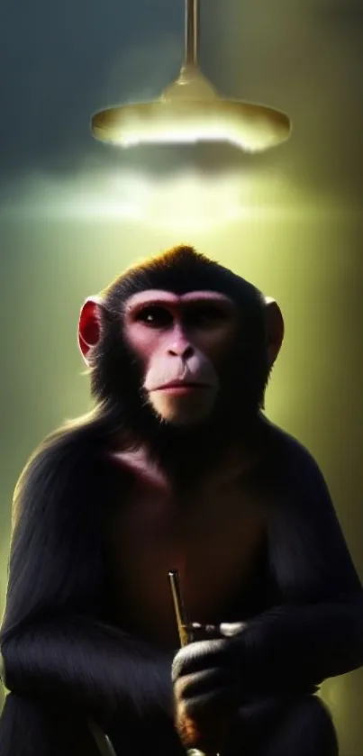 Monkey sitting under warm glowing light in artistic wallpaper design.