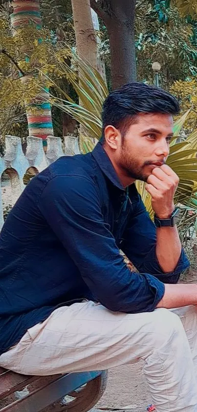 Man contemplating on a park bench surrounded by lush greenery.