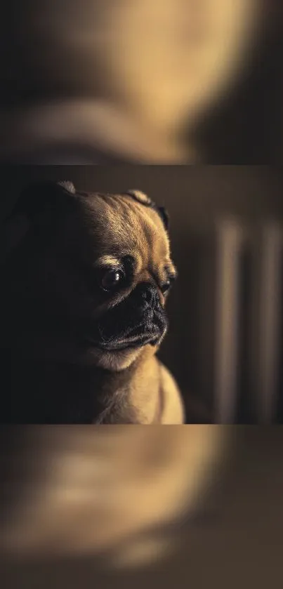 Moody pug sitting in dim light, gazing contemplatively.