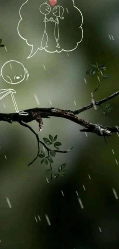 A stick figure sits on a branch in rain, contemplating a thought bubble heart.