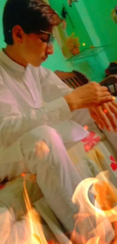 Young man in white, green room background.