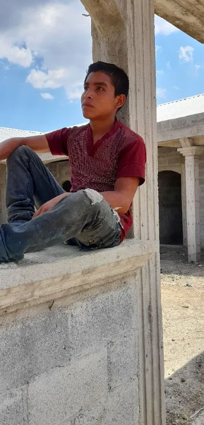 Young person in casual attire sitting in unfinished building under blue sky.