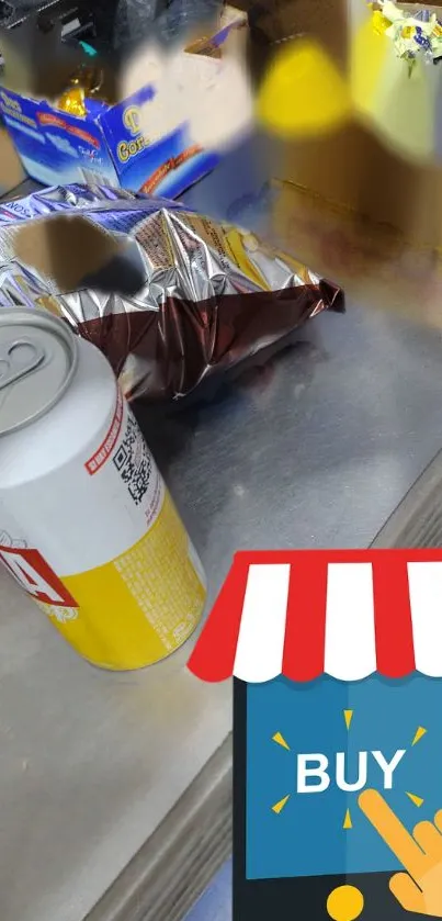 A lively scene with a soda can, snack pack, and a digital 'Buy' icon on a mobile screen.