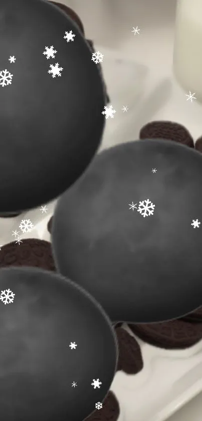 Chocolate cookies with snowflakes on a winter-themed wallpaper.