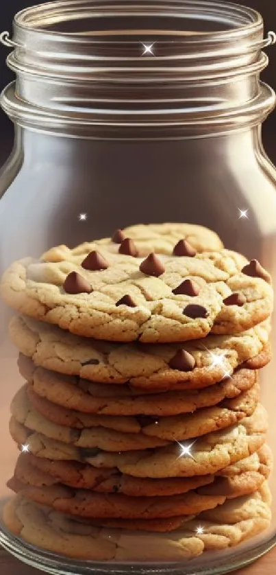 Glass jar filled with chocolate chip cookies stacked neatly and bathed in warm light.