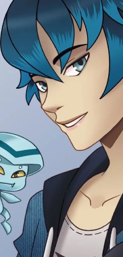 Animated character with blue hair and companion.