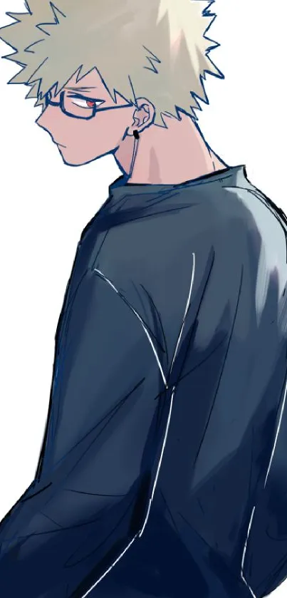 Anime character in navy blue attire with spiky hair, facing away.