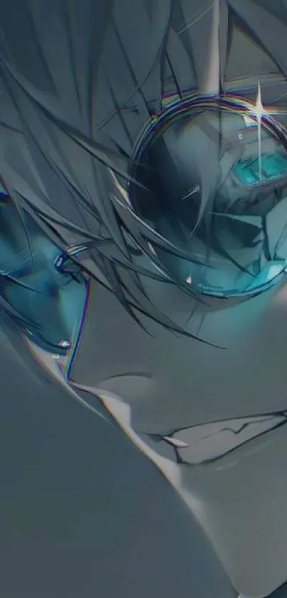 Anime character with blue-gray theme and reflective glasses.