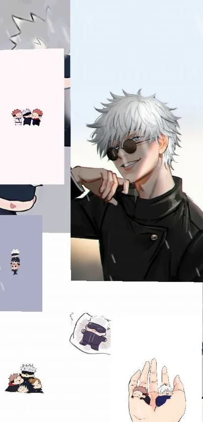 Anime character with white hair and shades on artistic mobile wallpaper.