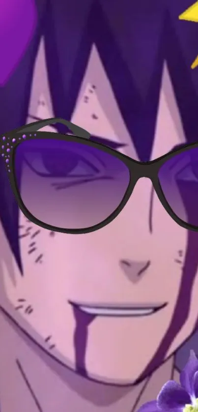 Anime character with sunglasses in a cool style, featuring dominant purple hues.