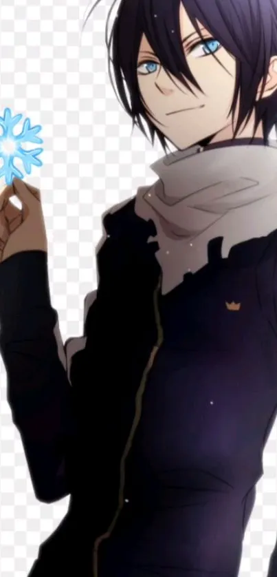 Anime character with dark outfit and blue eyes holding a snowflake.