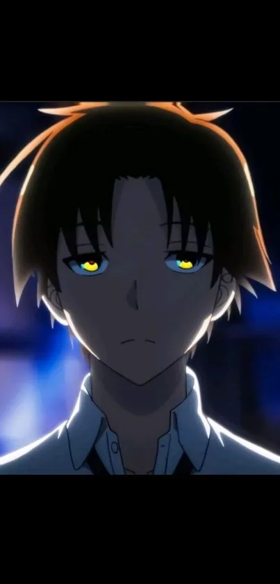 Anime character with glowing yellow eyes in dark ambiance