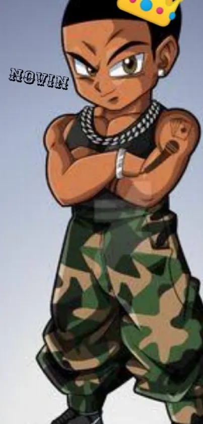 Anime character in camouflage pants with a crown.