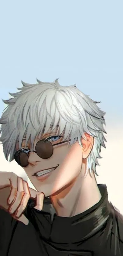 Anime character with sunglasses, white hair, and a stylish pose.