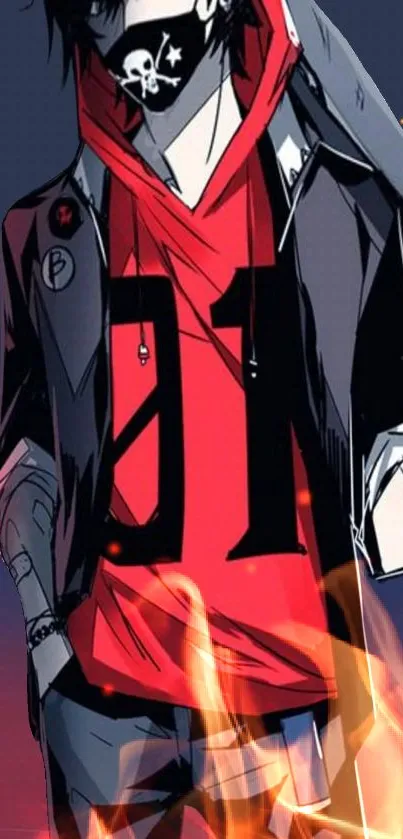 Anime character in black and red with fiery background.