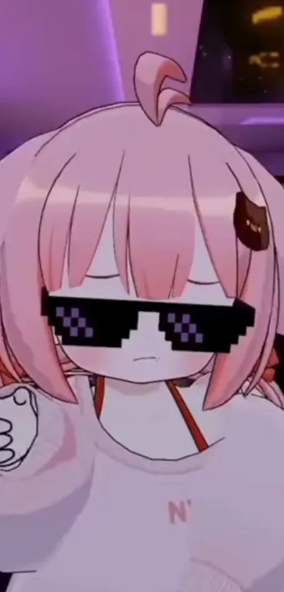 Anime girl with pink hair and pixel sunglasses in a digital art style.