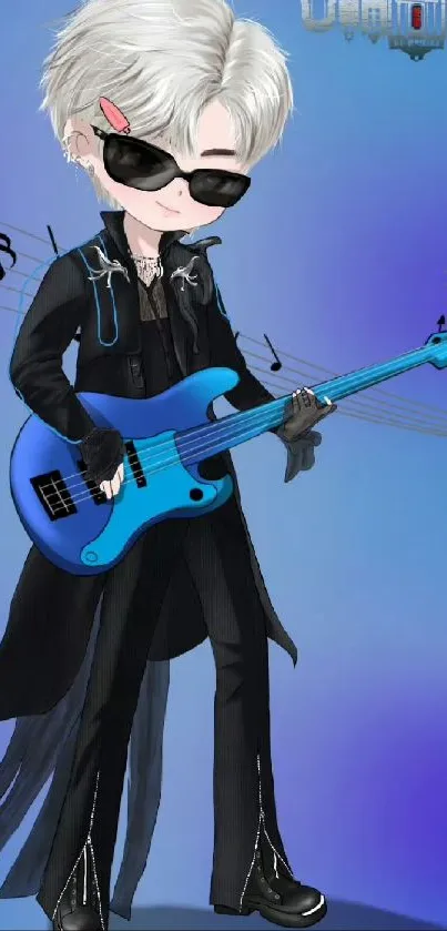 Stylish anime character with guitar on a blue background.