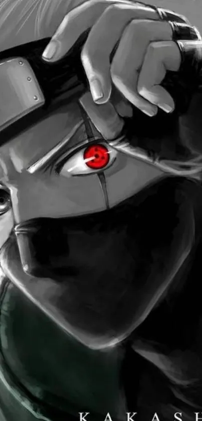 Anime ninja character with black mask and red eye on mobile wallpaper.