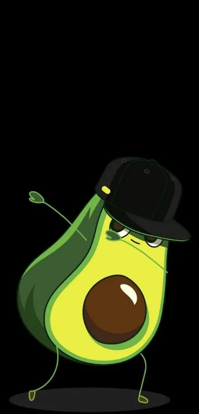 Cool avocado cartoon with hat on black background wallpaper.