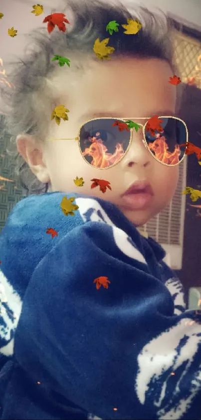 Baby wearing fiery sunglasses with flames background.