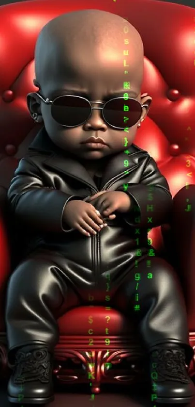 Cool baby in sunglasses sitting on a red luxurious chair.