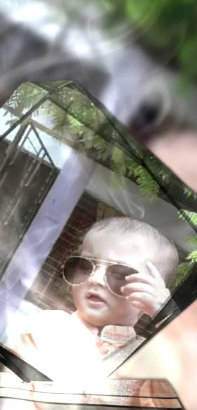 Stylish baby wearing sunglasses with a cool reflection theme background.