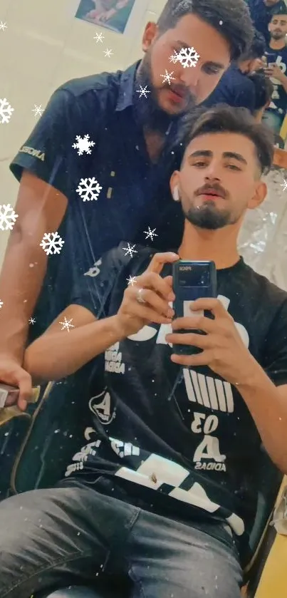 Trendy barbershop selfie with stylish outfits and snowflake filter.