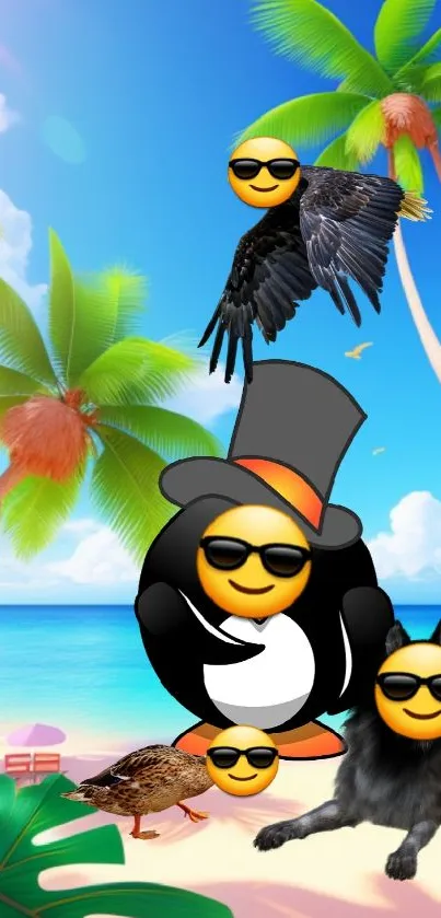 Cool emojis on a sunny beach with palm trees, wolf, and penguin.