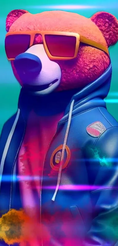 Colorful bear wearing a hoodie and sunglasses in neon colors.