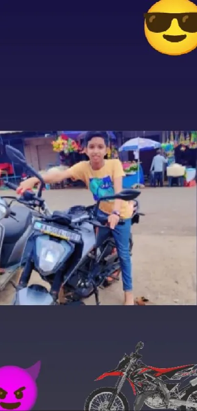 Child posing with motorbike, emojis on a dark background.