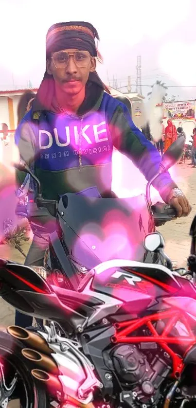 Stylish biker with motorcycle and pink heart design on wallpaper.