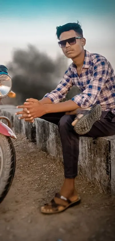 Man sitting by vintage motorcycle under a warm sunset sky.