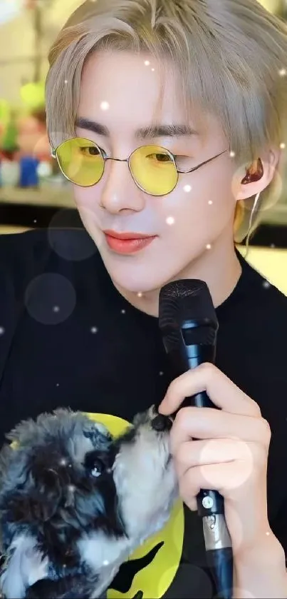 Blonde figure with sunglasses holding a mic with a cute puppy.
