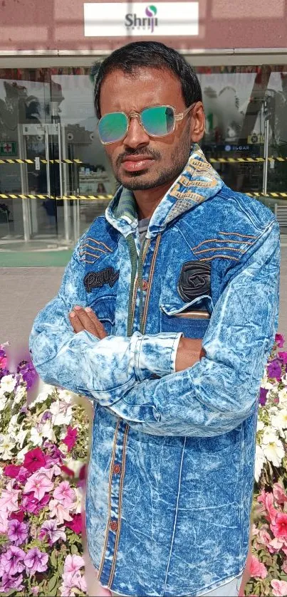 Man in blue denim jacket poses confidently among flowers.