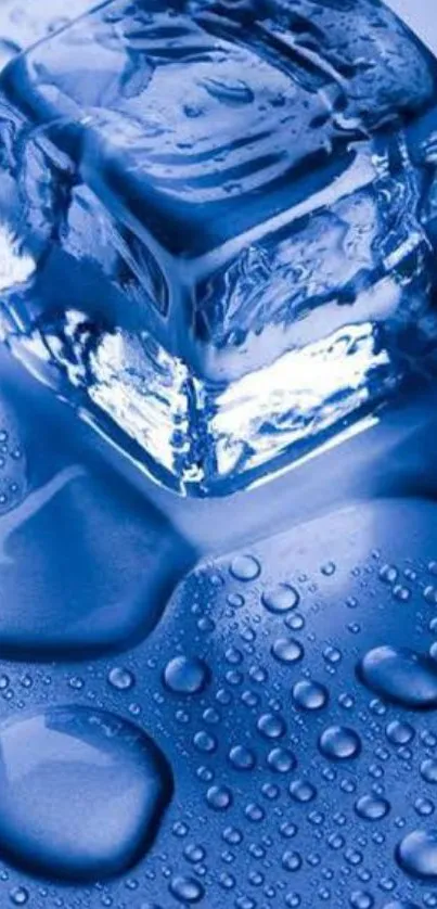 Cool blue ice cube and water droplets wallpaper.