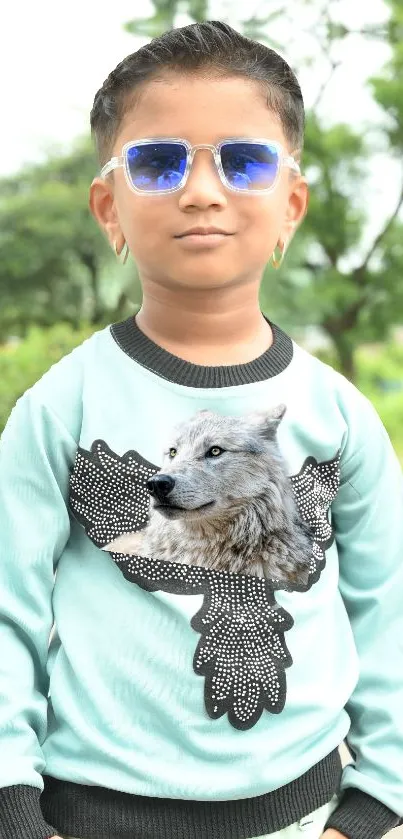 Young boy in cool sunglasses and wolf sweatshirt outdoors.