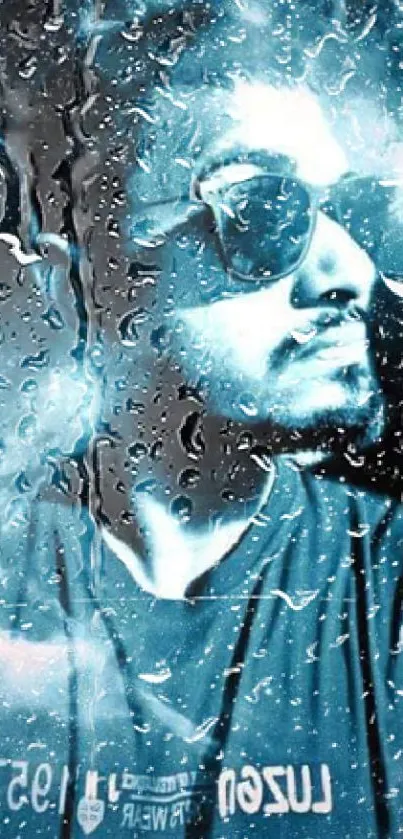 Blue-toned portrait with raindrop effect and sunglasses.