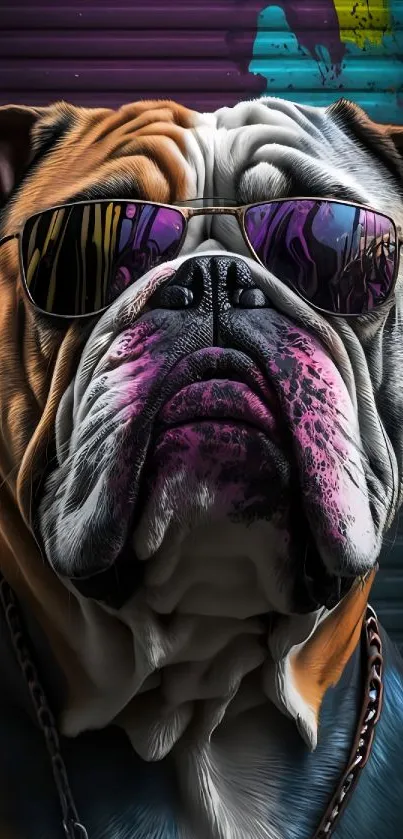 Vibrant bulldog wearing sunglasses wallpaper.