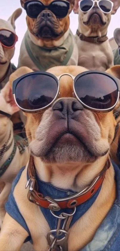 Group of cool bulldogs wearing sunglasses, stylish and fun.