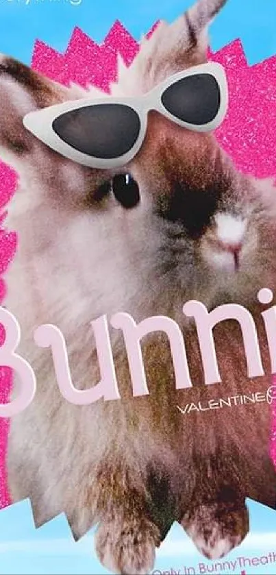 A stylish bunny wearing sunglasses on a pink design with blue background.