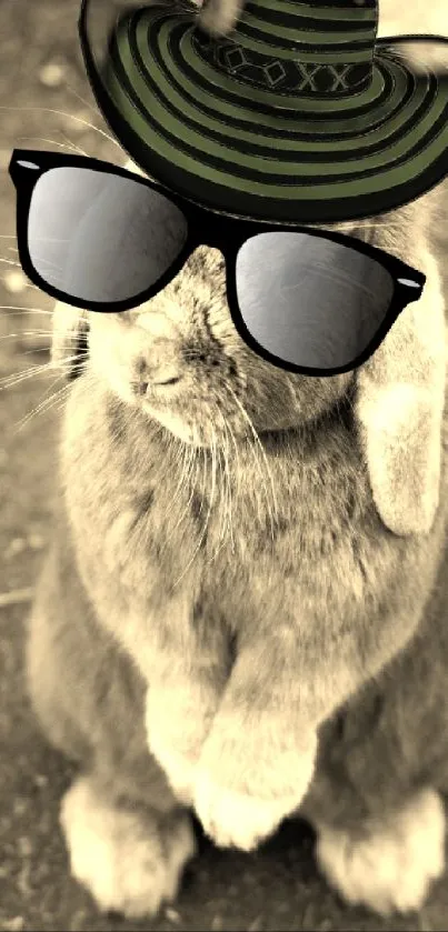 Cute bunny with sunglasses and hat in sepia tones.