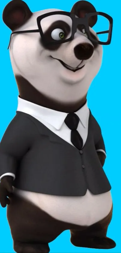 Cartoon panda wearing a business suit and glasses on a blue background.