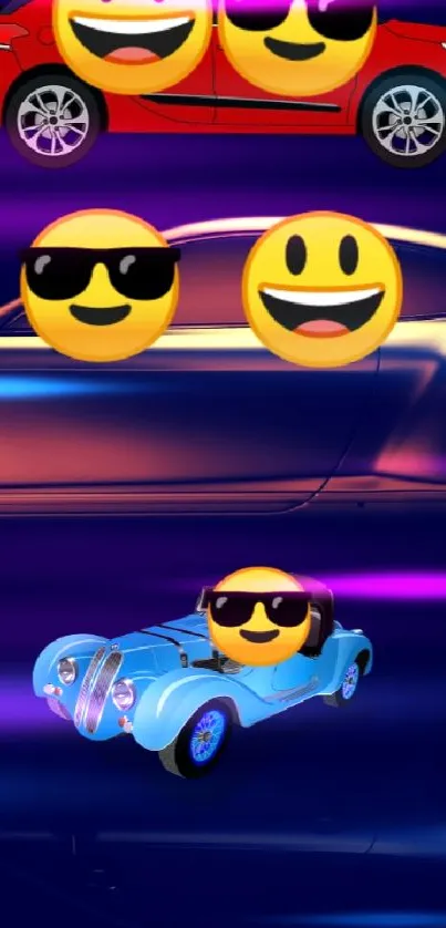 Mobile wallpaper with cars and smiley emojis in vibrant colors.