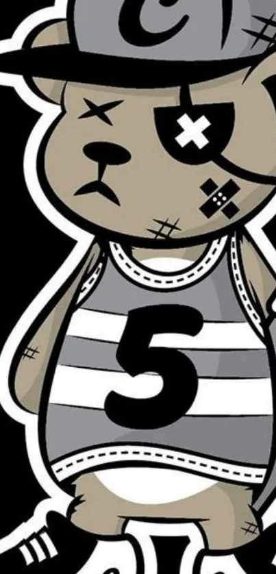 Cartoon bear in streetwear design with black background.